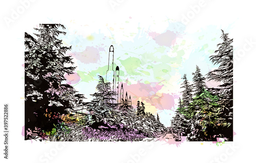 Building view with landmark of Tochal Complex consists of many recreational and sports facilities in  Velenjak, north of Tehran. Watercolour splash with hand drawn sketch illustration in vector.