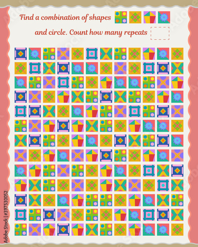  Puzzle for kids and adults. Development of attention, thinking, memory. Find and Count a Combination of Shapes Worksheet. 