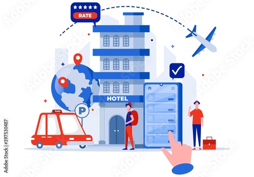 gives ratings for hotels rented while traveling. Tiny people illustration. Vector illustration