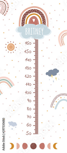 Height chart with boho rainbow. KIds meter wall for nursery design. Vector illustration in doodle cartoon style.