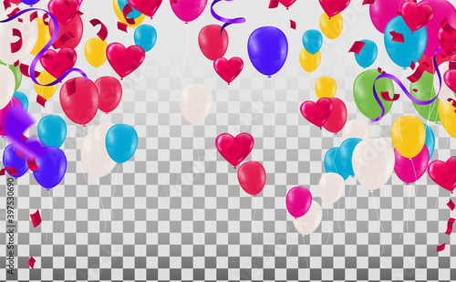 Bright colorful stars and balloons border on a background. Festive birthday party vector poster. Celebration illustration.
