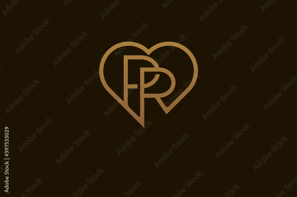 Abstract initials P and R logo, gold colour line style heart and letter ...