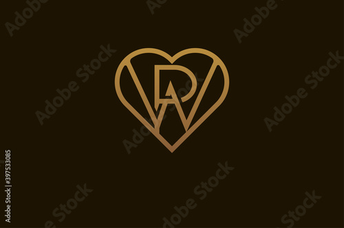 Abstract initials P and W logo, gold colour line style heart and letter combination, usable for brand, card and invitation, logo design template element,vector illustration