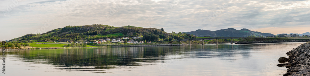 A panoramic view of Mosteroy island and connecting arched bridge, Rennesoy commune, Stavanger, Norway, May 2018