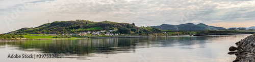 A panoramic view of Mosteroy island and connecting arched bridge, Rennesoy commune, Stavanger, Norway, May 2018
