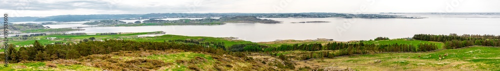 Panorama of Sokn, Bru and Mosteroy islands from top of Mastravarden hill, Norway, May 2018