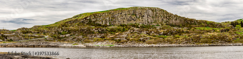 A panoramic view to Fjoloy island coastline and highest peak, Rennesoy kommune, Stavanger, Norway, May 2018