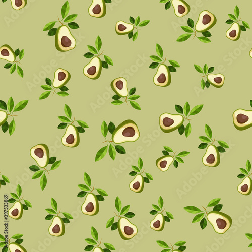 Avocado seamless pattern. Whole avocado with leaf. Texture for eco and healthy food