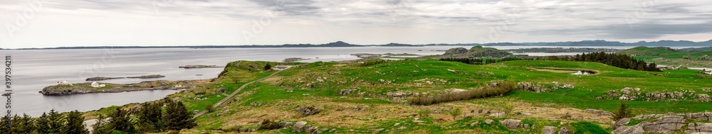 Scenic panorama of Fjoloy island from the sentry viewpoint in historical fortress site, Rennesoy kommune, Stavanger, Norway, May 2018