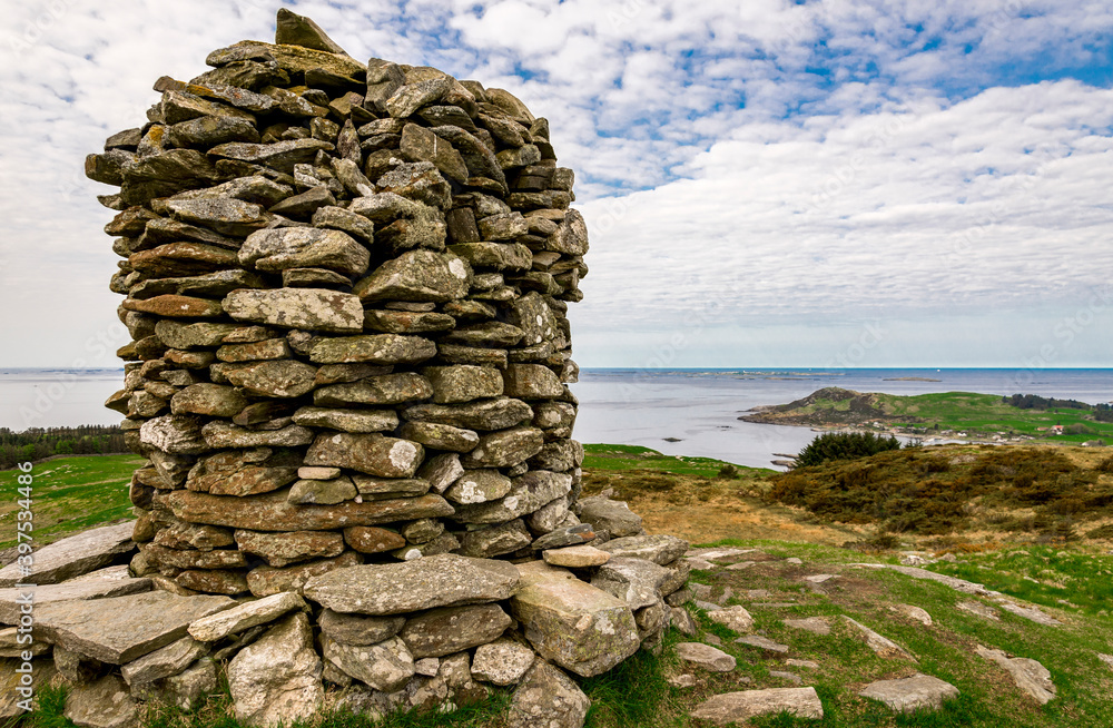 Rock pile on top of Mastravarden hill at Mosteroy island, Rennesoy commune, Stavanger, Norway, May 2018
