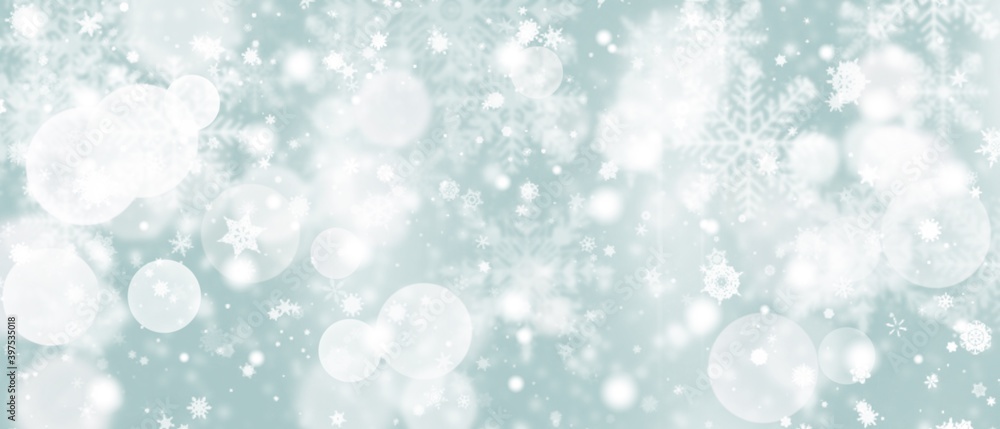 Gray green abstract background. white light and snowflakes bokeh winter for Christmas new year blurred beautiful shiny lights use for card banner wallpaper backdrop and your product.