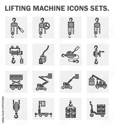 Lifting equipment vector icon i.e. manual steel chain block hoist, electric hoist, remote control, ratchet winch, scissor lift, cherry picker or boom lift, reach stacker, hoist, hook and box package.
