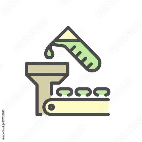 Pharmaceutical, nutraceutical, cleaning product and supplement manufacturing production industry vector icon. That industrial process. Consist of capsule product, production line, automation machine.