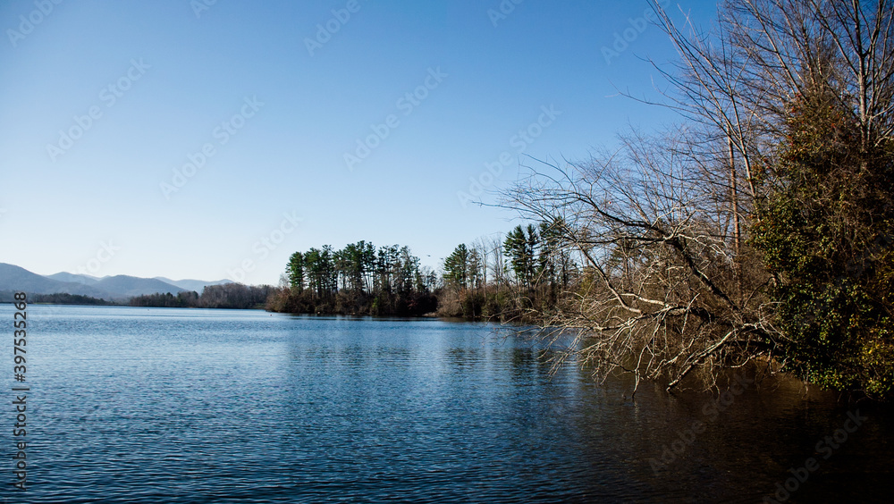 The river surrounded by trees and mountains The river surrounded by trees and mountains
