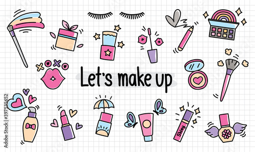 Cute cosmetics vector set in doodle style.