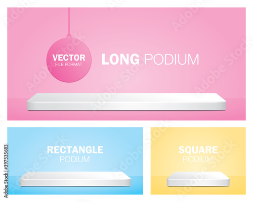 product podium 3D illustration vector set consists of long podium, rectangle podium and square podium.