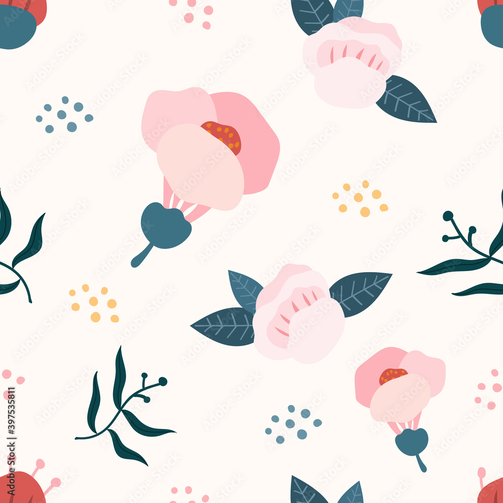 Abstract floral pattern. Seamless pattern with flowers and leaves. Design for fabric, textile, wallpaper, surface, etc. Vector illustration.