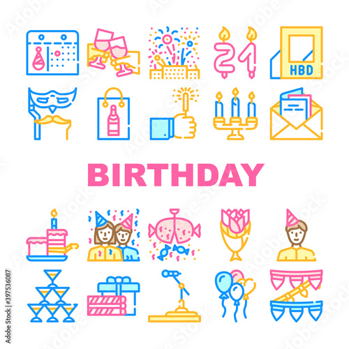 Birthday Event Party Collection Icons Set Vector