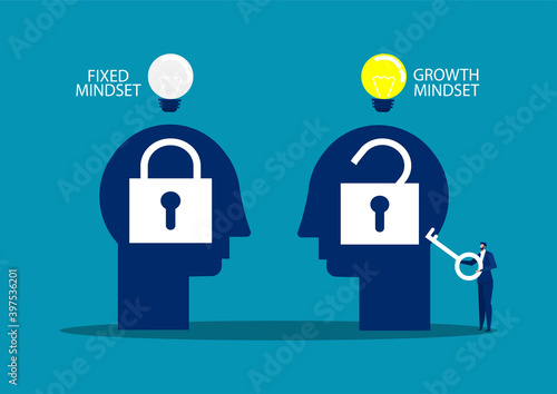 Big head human think growth mindset different fixed mindset concept vector
