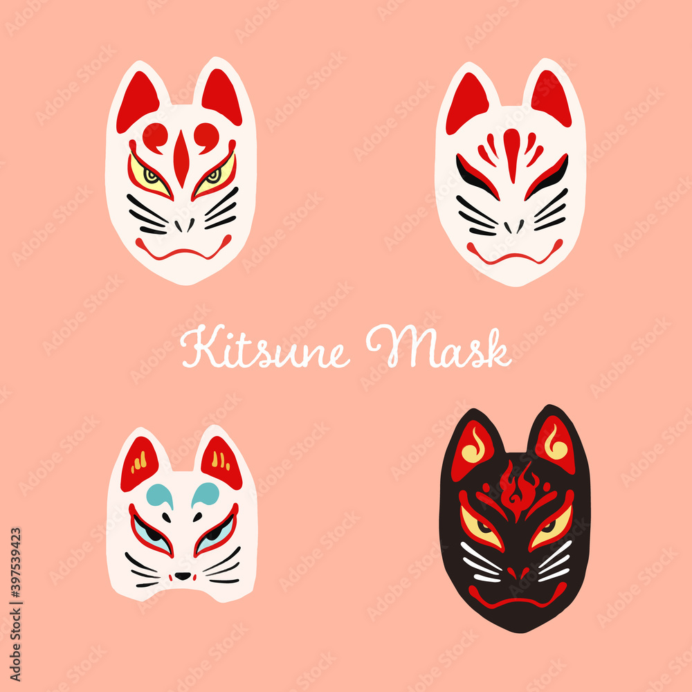 white traditional Japanese kitsune mask with red patterns, folk mystical  character, demon, fox, color vector illustration on a coral background,  clipart design Stock Vector | Adobe Stock
