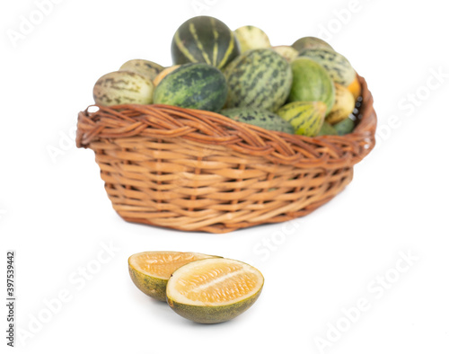 Organic Fresh Healthy Vegetable Yellow Cucumbers or Yellow Pumpkin Isolated on White Background  photo