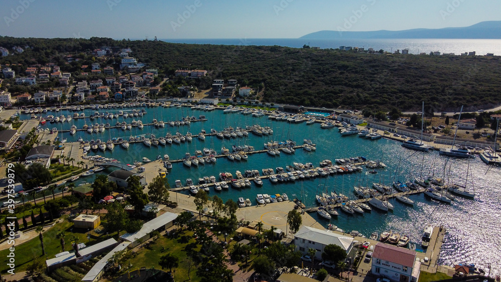 aerial boats and luxury yatchs. aerial yatch marina. bird's eye view boats. 