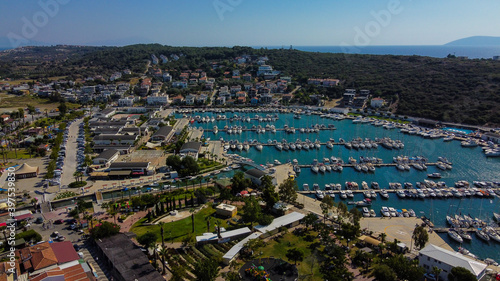 aerial yatch marina in sigacik town, izmir of turkey. aerial luxury boats and yatchs.