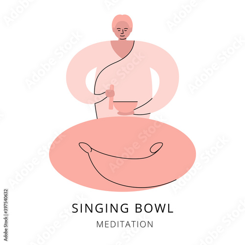 Man is sitting and meditating with a tibetan singing bowl. Ayuverda, meditation and relaxation. Vector flat illustration