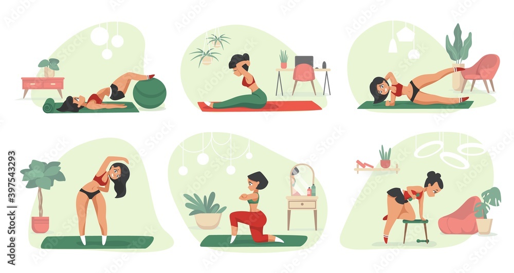 Home exercises. Cartoon young woman doing fitness and sport activities, indoor workout. Isolated cute female training on gymnastic mat. Room interiors. Aerobics and yoga poses, vector flat set