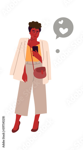 Woman with phones sending message. Cartoon modern female holding device. Standing girl in casual clothes. Online chatting and communication. Likes in social media network. Vector isolated illustration