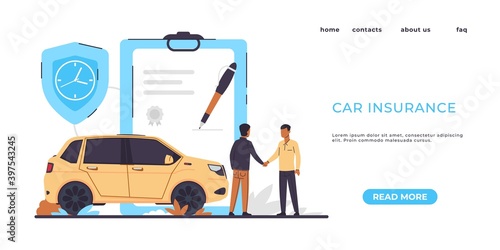 Car insurance landing page. Risks protection. Website interface colorful design with buttons. Payment of money after road incidents, auto disasters or vehicle theft. Vector online service template