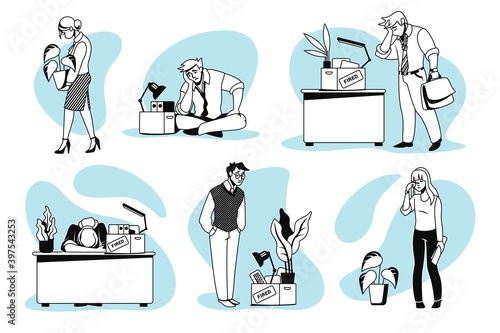 Employee dismissed. Fired or jobless men and women. Cartoon people collect things and leave workplace. Isolated depressed and sad unemployed office workers with personal stuff. Vector monochrome set