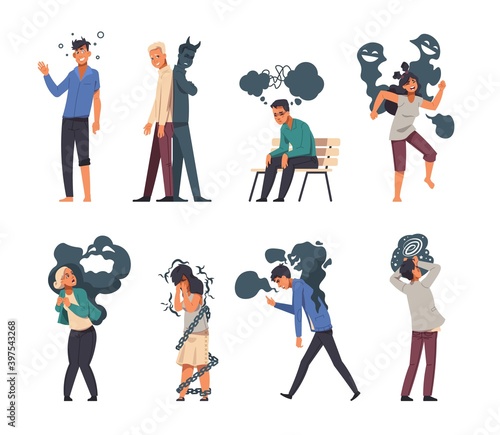 Mental disorder. Cartoon depressed and stressed people with psychology problems, personality traumas. Fears or panic attacks, phobia and addiction. Vector emotional states and behavior deviations set