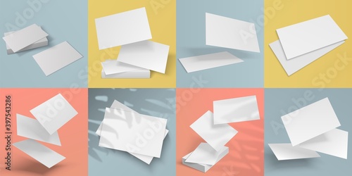 Realistic business cards. Blank mockup of cardboards and flyers with shadow overlay effects from plants. Stacks of paper and flying sheets on colorful background. Vector empty template with copy space