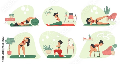 Home exercises. Cartoon young woman doing fitness and sport activities, indoor workout. Isolated cute female training on gymnastic mat. Room interiors. Aerobics and yoga poses, vector flat set © SpicyTruffel