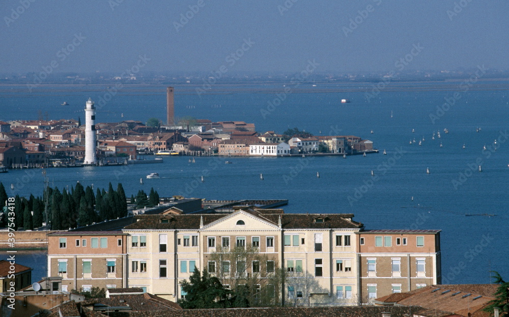 Aerial view of Venice cityscape and skyline seen from St Mark's Campanile at St. Mark's Square in Venice, Italy.