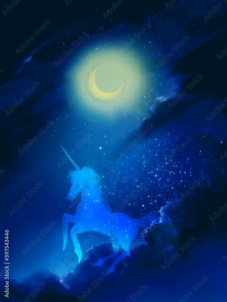 An illustration of unicorn running on the clouds under the crescent moon in night sky An illustration of unicorn running on the clouds under the crescent moon in night sky