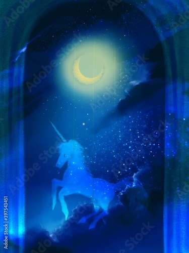 An illustration of unicorn running on the clouds behind Blue semi-transparent gate  © NORIMA