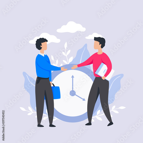Time management. Cartoon people shake hands, business meeting. Schedule control and timetable organization. Workflow optimization, planning and achieve goals. Vector effective work process concept