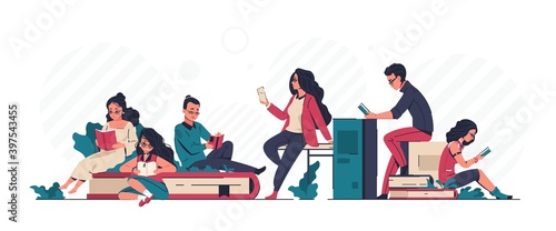 Reading books concept. Young students learning and studying, tiny people and huge stack of notebooks, literature fan and bookworm in library, knowledge and online education vector cartoon concept