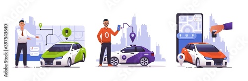 Car sharing. Cartoon men with automobiles. Mobile application and navigation technology for auto rental or taxi order. Modern urban landscape and location signs. Vector city transportation concept