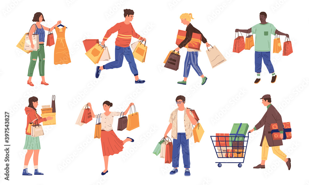 People shopping. Cartoon buyers with bags and carts. Isolated men or women carry purchases from clothing store and supermarket. Cute male and female buy shoes or garments, holiday presents, vector set