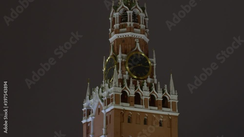 Kremlin Chimes or Kremlin in Red Square, Moscow, symbols of the country, night. Big clock on the tower. High quality 4k footage