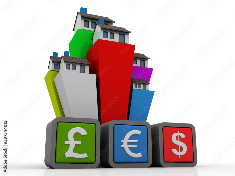 3d rendering Global Currencies with home in business graph 3d rendering Global Currencies with home in business graph