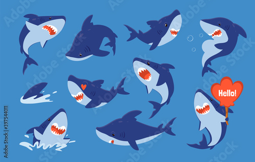 Cute shark. Cartoon ocean fish funny character collection, mascot sea character for kids illustration, underwater or aquarium animal sticker set. Vector isolated sharks creatures with comic emotions
