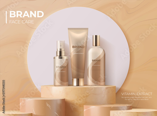 Cosmetic product on pedestal. Realistic banner with 3D podium for skin care. Luxury cream, lotion and beauty spray. Advertising store poster with place for text and logo. Vector brand identity mockup