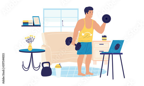 Home workout. Cartoon young man doing sport exercises with dumbbells or kettlebell. Isolated online fitness or powerlifting training. Trainer or instructor video blog. Vector bodybuilding illustration