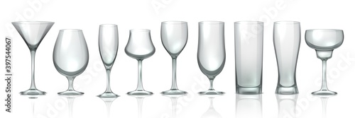 Glass cups. Realistic empty stemware. Transparent glassware for water, beer and whiskey, liquor or cocktail. Wineglass for champagne, red or white wine. Various shapes tableware, vector isolated set