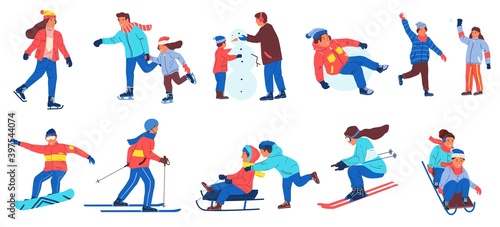 Winter activities. Cartoon people playing snowballs, making snowman. Isolated men and women skating on ice rink, skiing and sledding or snowboarding. Cold season outdoor rest and leisure, vector set