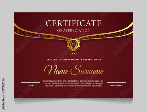 Red of certificate of achievement border design template with element luxury gold badge and modern line pattern. vector graphic print layout can use For award, appreciation, business, and education